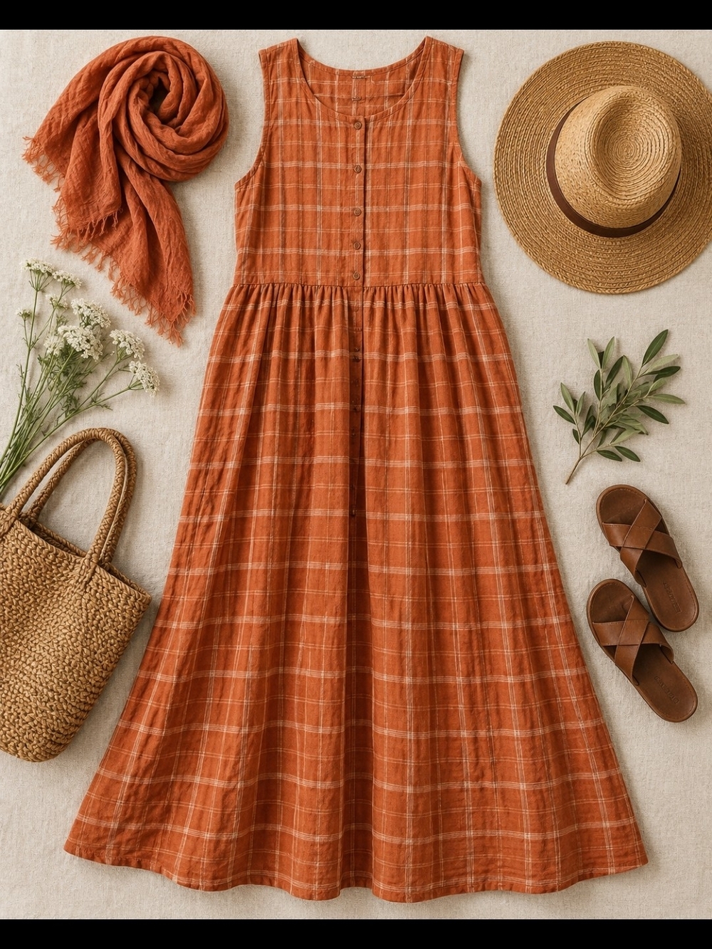 Wares Sleeveless Rust Plaid Midi Dress